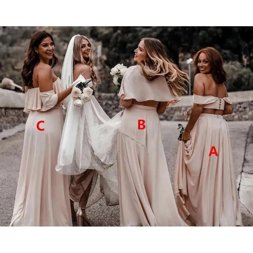 Two Piece Bridesmaid Chiffon A E Off The Shoulder Backless Maid Of Honor Gowns Long Wedding Guest Dresses