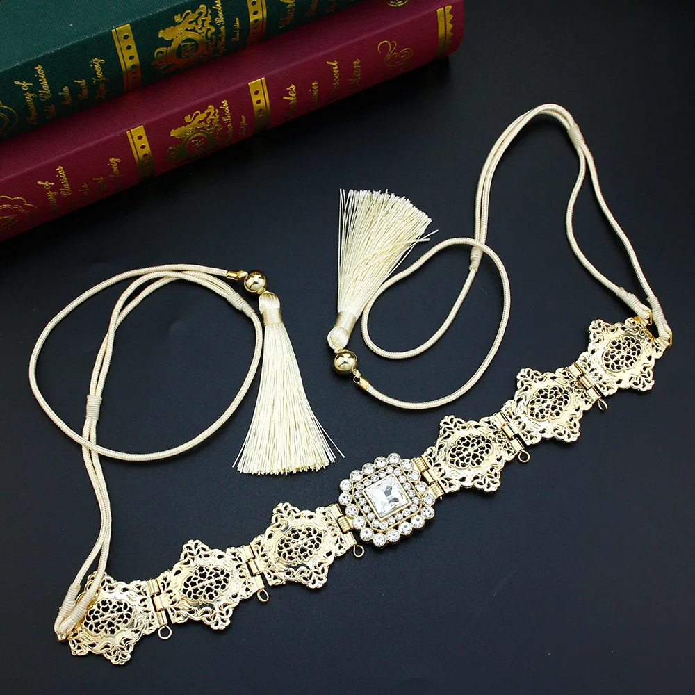 Sunspicems Gold Color Women Tassels Belt Hand Rope Waist Chain Crystal Morocco Bride Dress Belt Arabic Jewelry Thin Metal Sash 241227