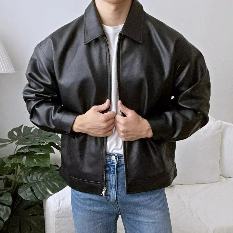 Motorcycle Mens Leather Jacket Coat Fashion Lapel Collar Zipup PU Jackets Men Winter Outdoor Streetwear 241220