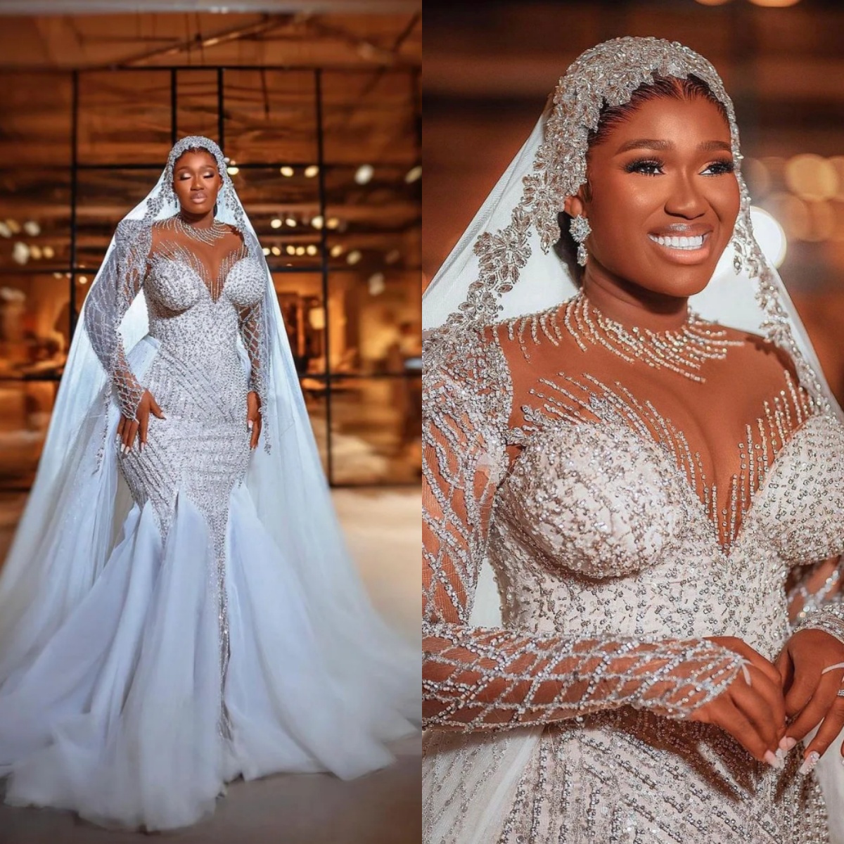 Luxury Mermaid Wedding Dress Beaded Sequins O Neck Long Sleeve Bride Gowns Detachable Sweep Train Bridal Dresses Customized