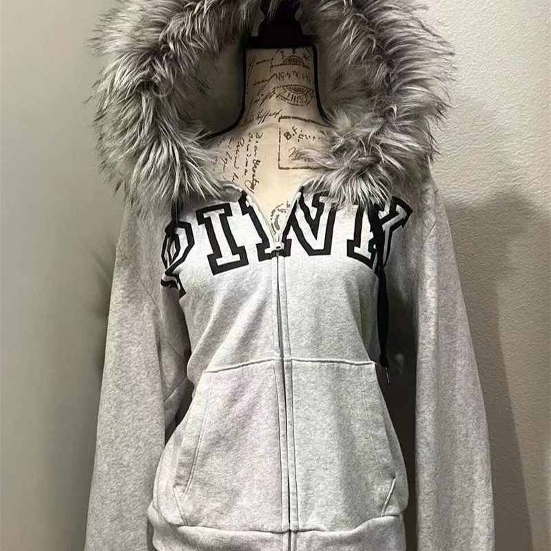 Vintage streetwear Winter fur collar thickened warm hoodie Women zip-up hoodie black lettering comfortable sweatshirt 241227