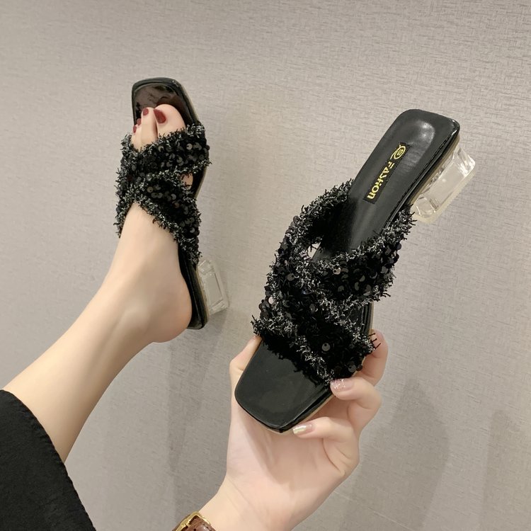 Women Slippers High Heel Sandals Fairy Style Trendy Fashion Versatile Ladies Shoes Triple Black Silver Plus Size 35-43 Free shipping
