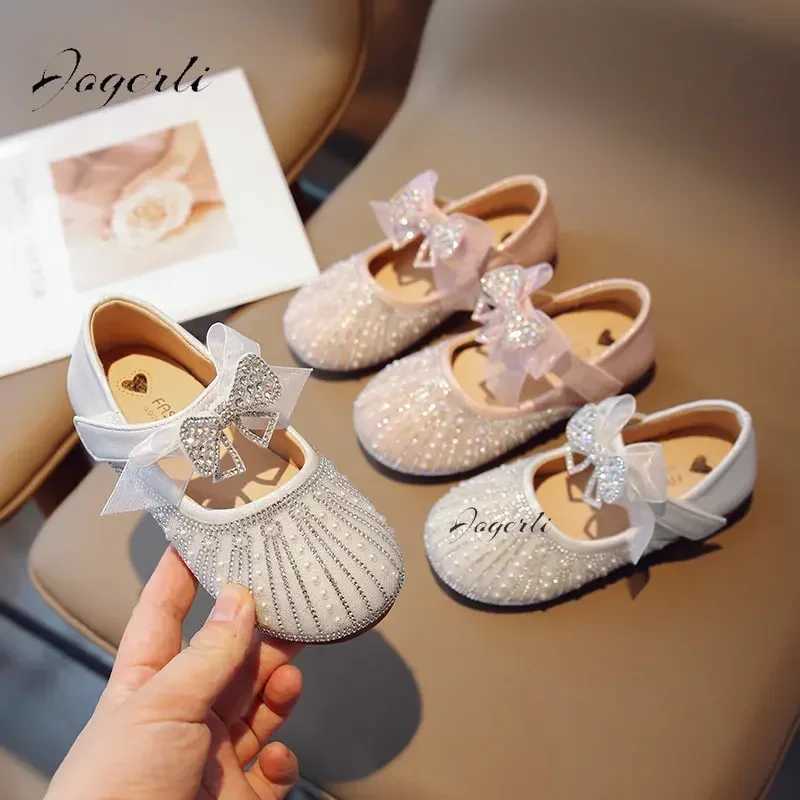 Childrens Girl Princess Shoes New Soft Sole PU Leather Flats Kids Rhinestone Crystal Footwear Size 23-35 W241228