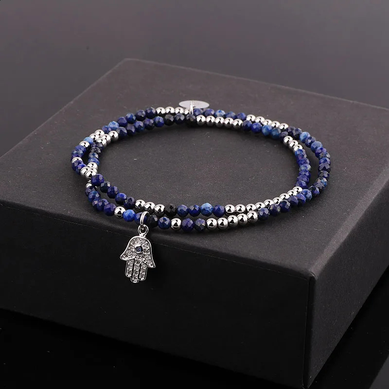 Cute Elegant Natural Stone Rose Quartz Blue Lapis CZ Pave HandCharm Elastic Beads Bracelet For Women Jewelry Gift 241227