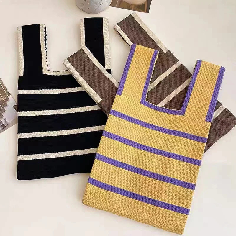 1Pcs Fashion Handmade Striped Yarn Knitted Woven Handbag Knot Wrist Bag Korean Casual Tote Reusable Shopping Bags 241225