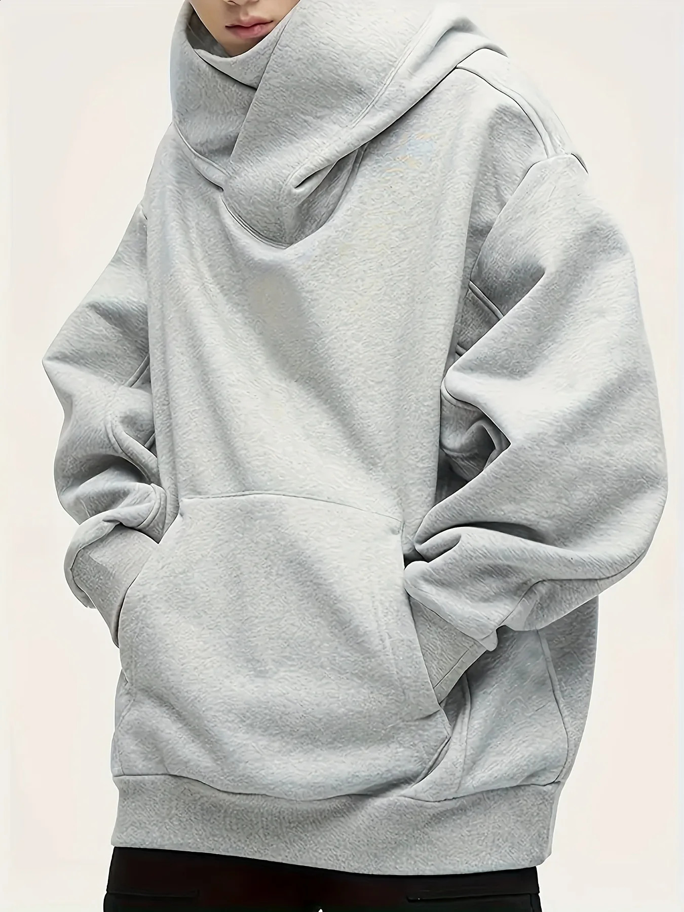 Mens solid color hooded turtleneck long-sleeved sweater unique with kangaroo pocket spring and fall fashion mens hoodie 241227