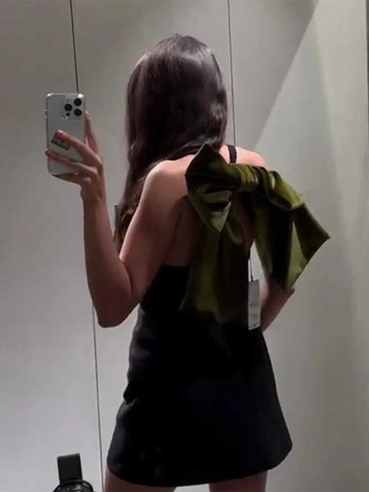 Elegant V Neck Backless Bow Dress Women Lace Up Slim O-neck Sleeveless Short Party Dresses 2024 Solid Straight Lady Robe 241223