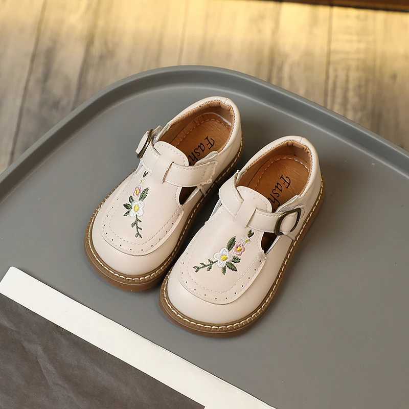 Toddler Girls Mary Janes Embroidery Flower Vintage Kids Autumn Flat Shoes 21-30 Beige Khaki Light Comfy Slish Children Shoe W241228