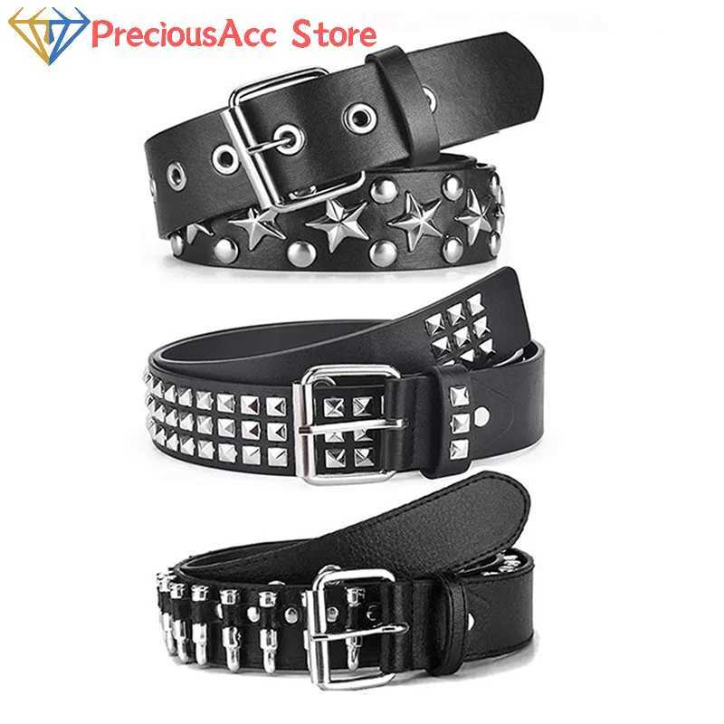 Rivet hollow bullet decorative strip fashionable womens leather stud gift mens Gothic rock wild adjustable womens punk black belt W241228