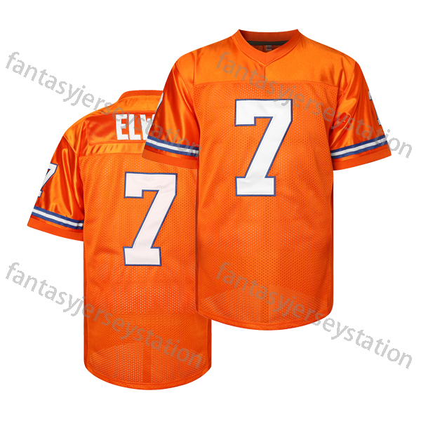 IN STOCK Mens 7 Orange Embroidered Elway Polyester Football Jersey, V-Neck Short Sleeve Sports Top, Loose Fit for Soccer, Cycling, Everyday & Athletic