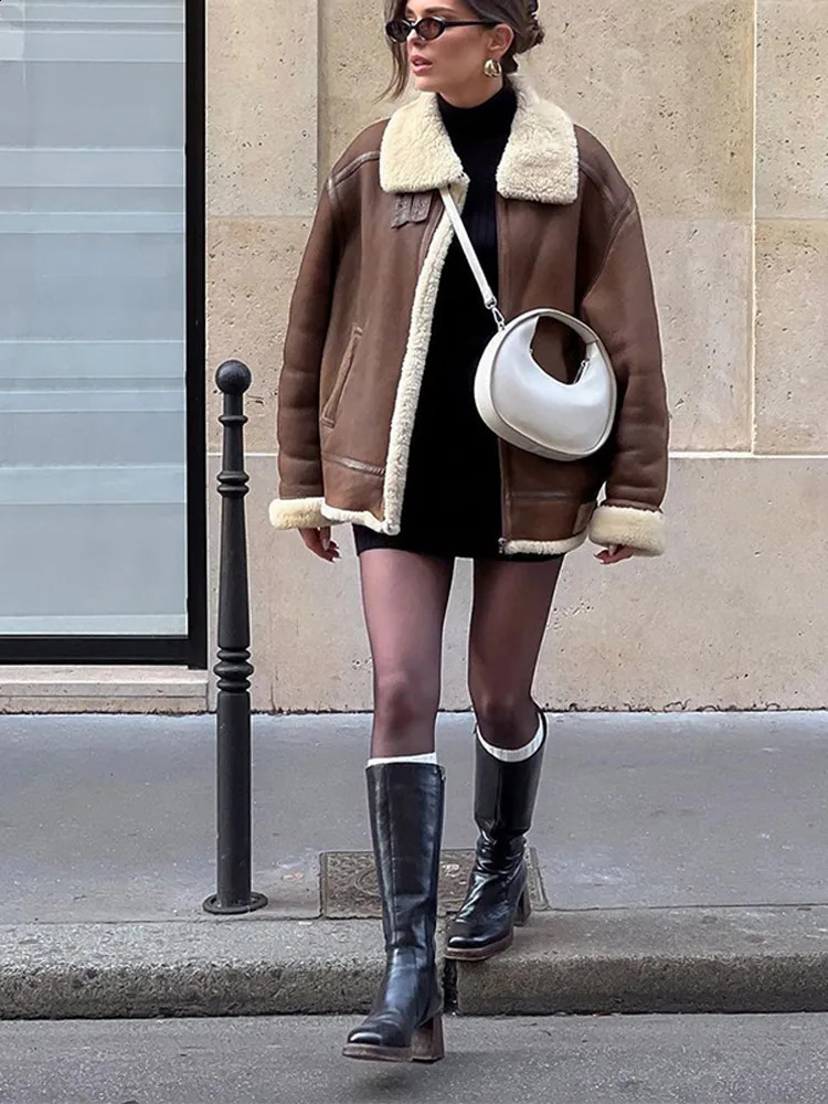 Vintage Brown Long Sleeve Fur Leather Short Coat Women Fashion Pockets Zipper Thicken Lambwool Jacket Lady Outerwear 241220