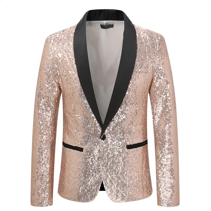 Champagne Gold Performance Mens Jacket Fashion Glitter Set Slim Set Nightclub Host Emcee Studio Coats Mens European Size 241227