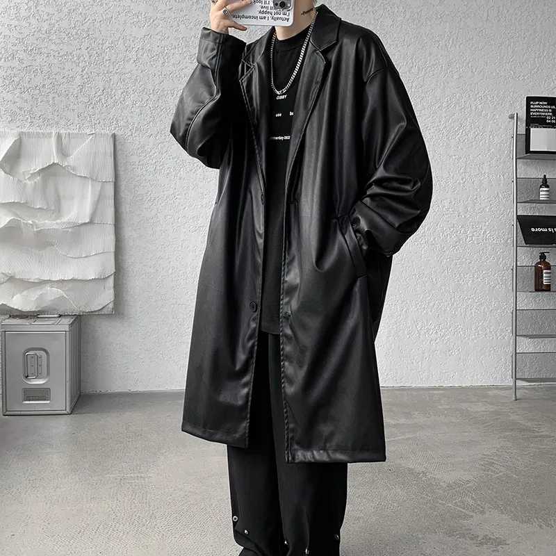 Neutral black PU leather long groove coat womens Gothic groove coat luxury autumn loose windproof coat W241228