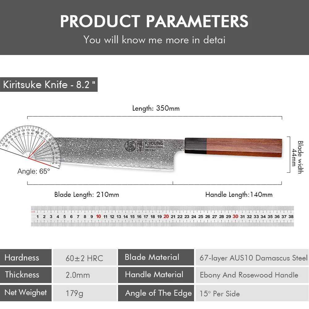 F.YOUNG 8.2-inch Japanese Kiritsuke Knife Damascus Steel Kitchen Chef Knives Sharp Professional Cleaver Hand Forged Cooking Tool Y241227