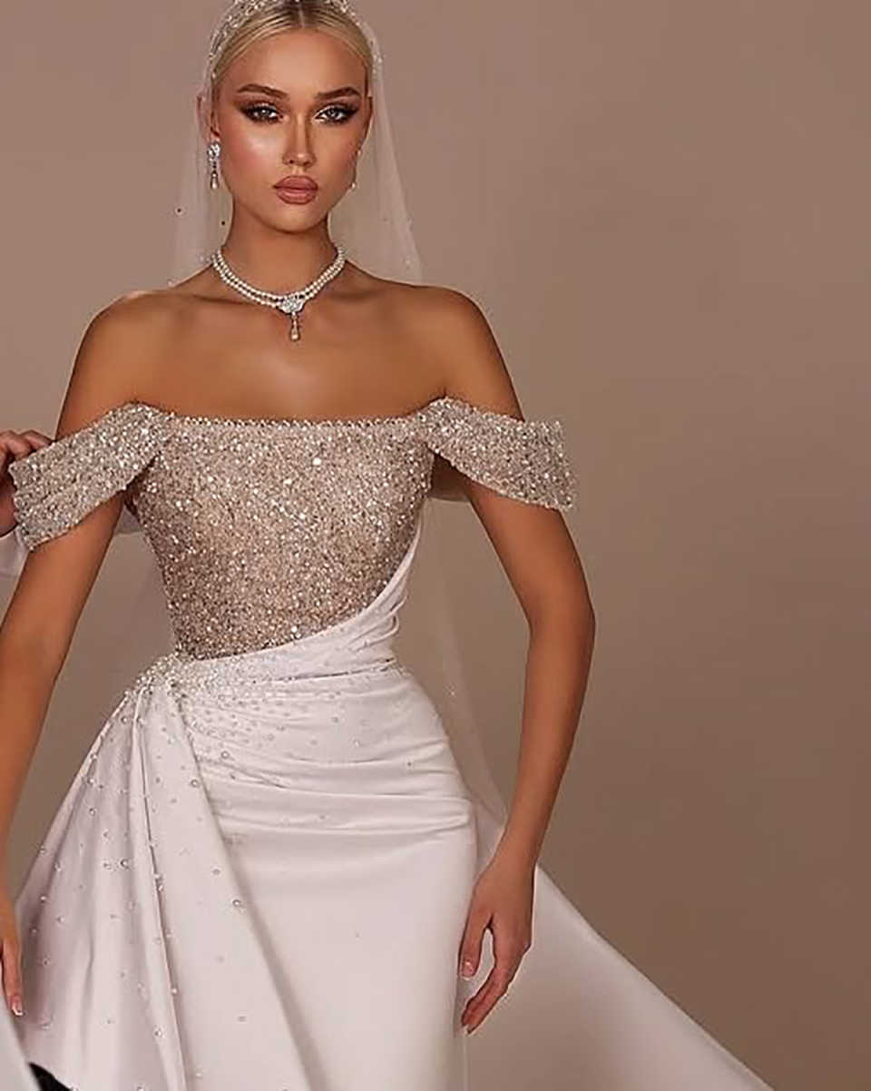 Gorgeous Mermaid Wedding Dress Pearls Sequins Beaded Off Shoulder Bride Gowns Sleeveless Sweep Train Bridal Dresses Customized