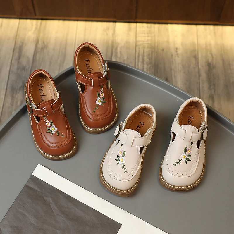 Toddler Girls Mary Janes Embroidery Flower Vintage Kids Autumn Flat Shoes 21-30 Beige Khaki Light Comfy Slish Children Shoe W241228