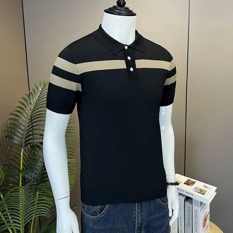Smart Casual Summer Ice Silk Mens Lapel Striped Contrast Color Button Screw Thread Simplicity Short Sleeve shirt Shirts Tops X241228