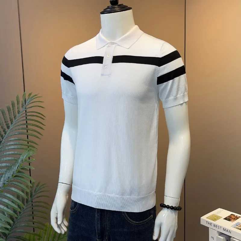 Smart Casual Summer Ice Silk Mens Lapel Striped Contrast Color Button Screw Thread Simplicity Short Sleeve shirt Shirts Tops X241228