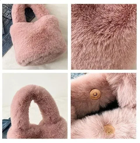 Sweet Candy Solid Color Fur Womens Handbag Simple Soft Plush Ladies Tote Bags Fashion Novel Winter Female Change Purse Bag 241227