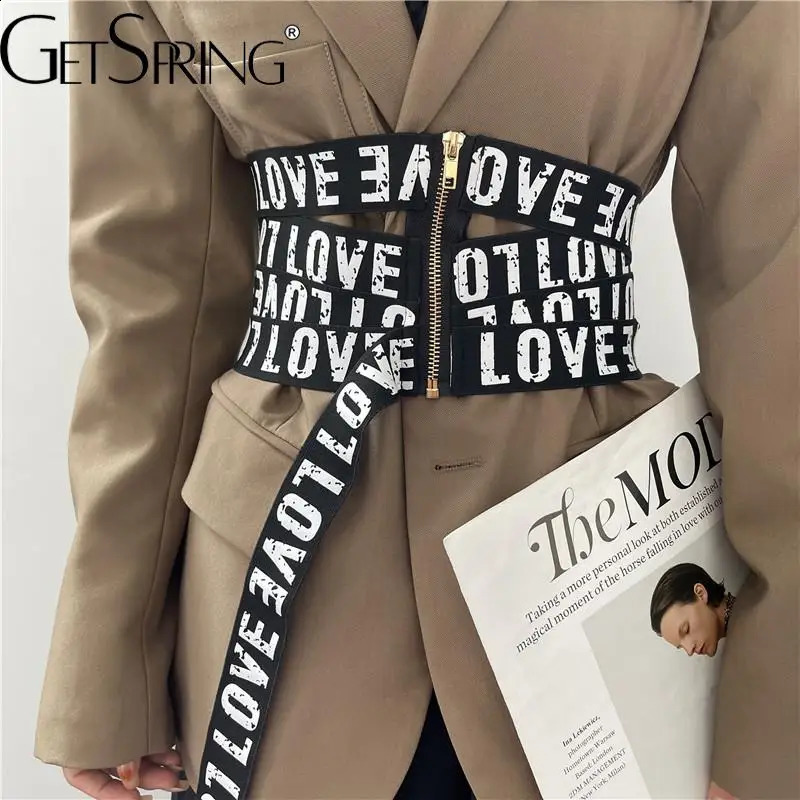 Getspring Women Cummerbunds Letter Printed Zipper Black Wide Belt Fashion Elastic Waistband All Match Ladies Waist Band Corset 241227