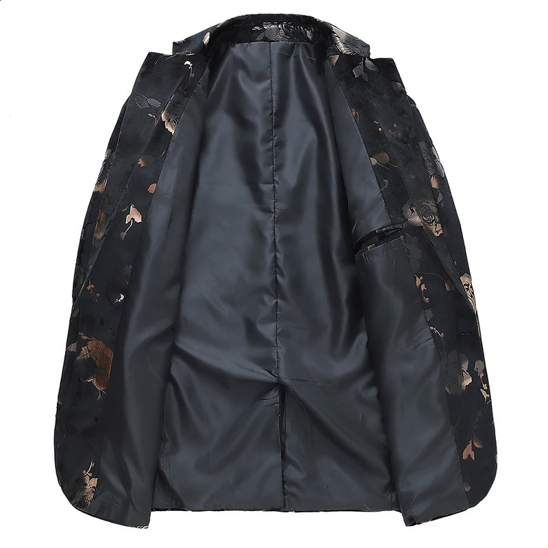 Mens floral printed bronze slim fit 6XL suit jacket fashionable and casual mens ping pong jacket 241227