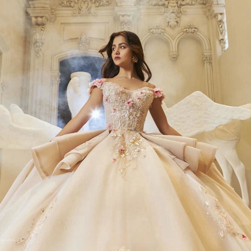 Champagne Quinceanera Dresses Ball Gown Off The Shoulder Applique Flower Beading Tull Corset Party Birthday Sweet 16 Vestido De 15 Anos