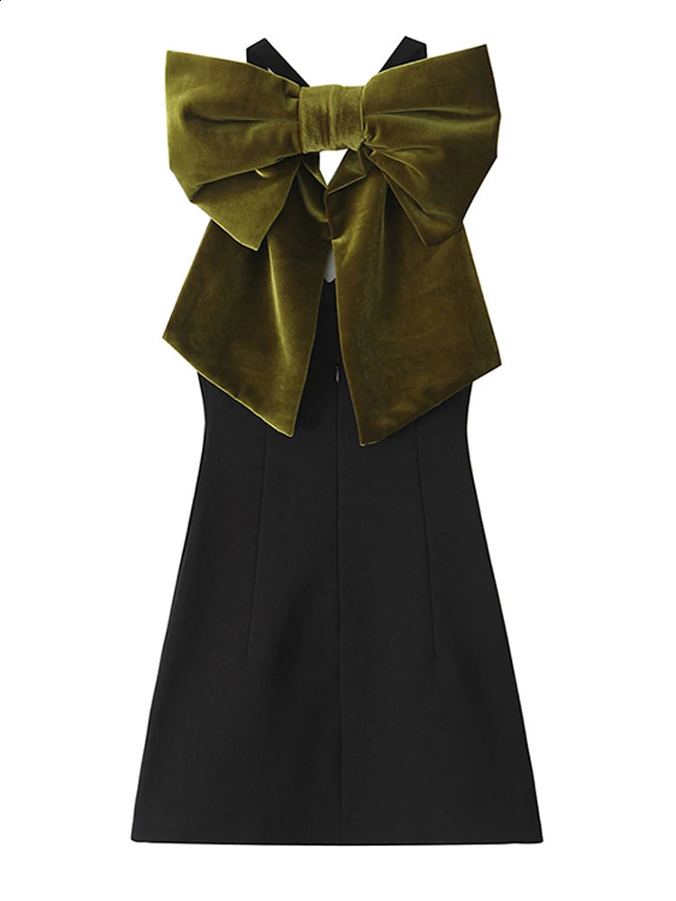 Elegant V Neck Backless Bow Dress Women Lace Up Slim O-neck Sleeveless Short Party Dresses 2024 Solid Straight Lady Robe 241223