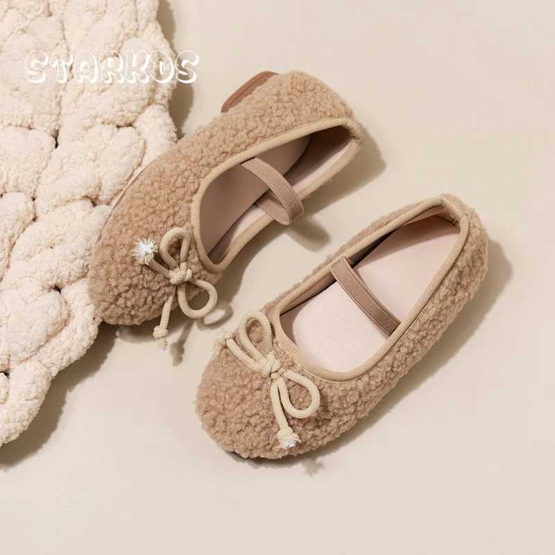 Bowknot Lambswool Ballet Flats Kid Girl Winter Warm Teddy Fur Ballerina Shoes Child Cosy Plush Shallow Loafers with Elastic Band W241228