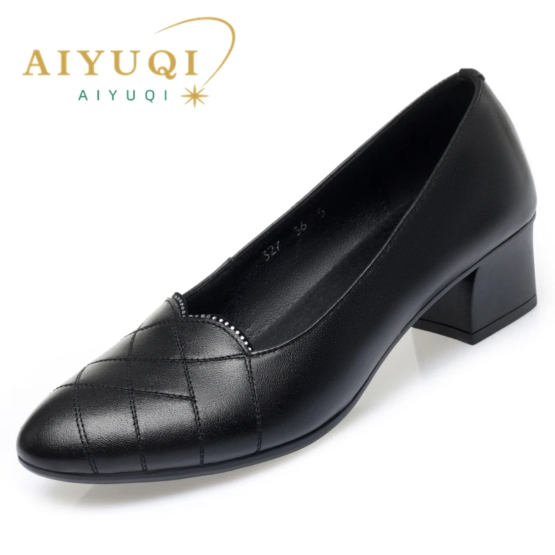 AIYUQI Women Office Shoes Genuine Leather Shallow Mouth Women Spring Shoes Mid-heel Middle-aged Mother Shoes Women