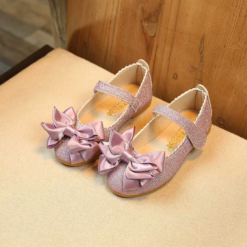 Girls Leather Shoes for Toddlers Kids Big Children Flats Glitter with Bow-knot Princess Sweet Bling Dress Shoes for Dance Par W241228