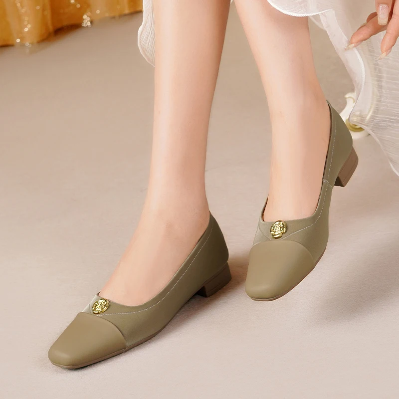 AIYUQI Women Dress Shoes Genuine Leather Spring Square Toe Ballet Shoes Women Mid Heel Fashion Women Office Shoes