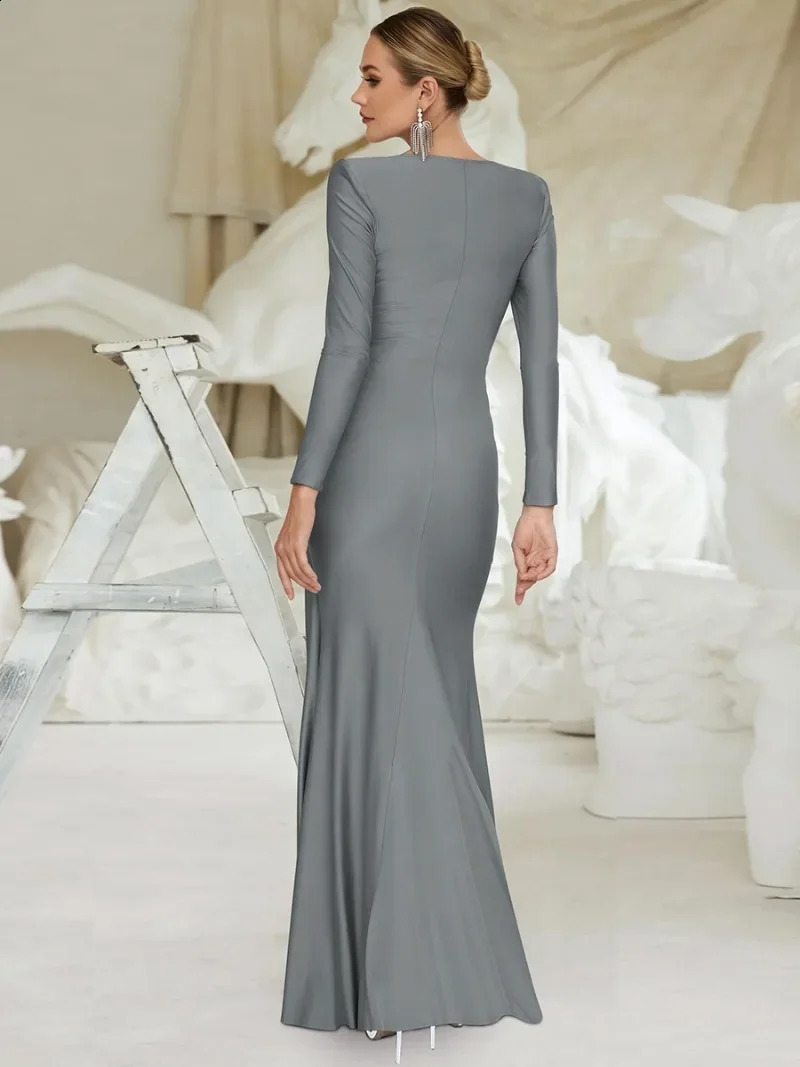 Womens Formal Occasion Dress Elegant Ladies O-neck Long Sleeve Folds High Waist Bodycon Gray Dresses Evening Party Robe 241223