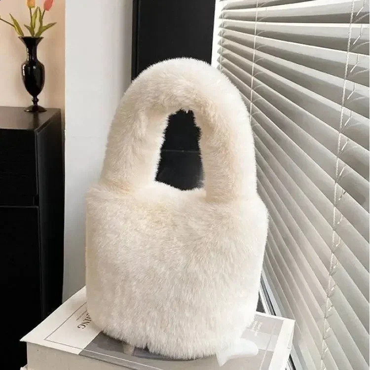 Sweet Candy Solid Color Fur Womens Handbag Simple Soft Plush Ladies Tote Bags Fashion Novel Winter Female Change Purse Bag 241227