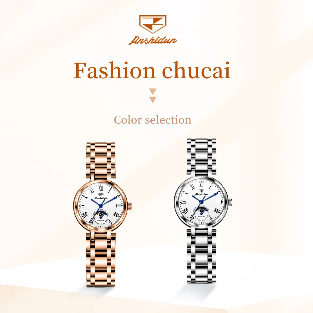 JSDUN 8981 Roman Scale Moon Phase Watch For Women Automatic Mechanical Original Wristwatch Date Waterproof Business Woman 241225