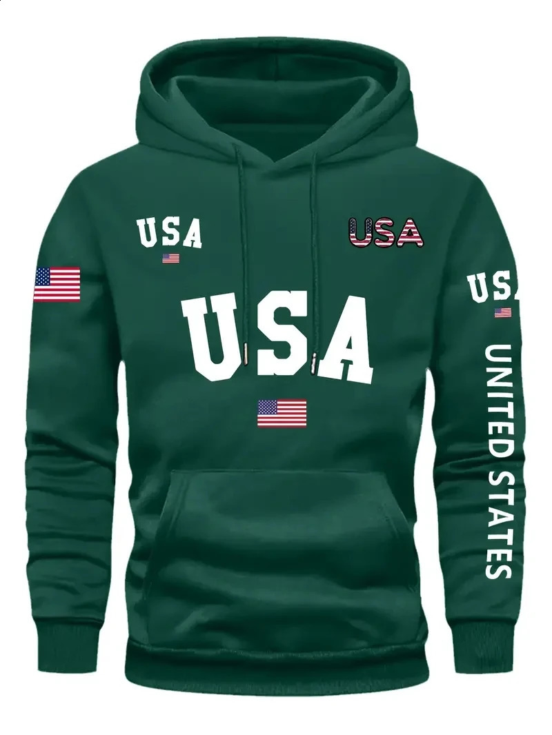 Plus size mens fashionable hoodie long sleeved casual sports style fancy letter American flag print hoodie 241220