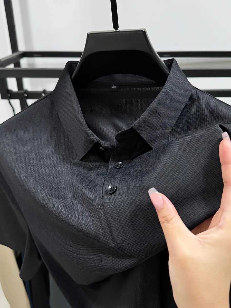 High end brand fashion ice silk printed short sleeved shirt shirt mens 2024 summer new trend lapel T-shirt comfortable cool top X241228