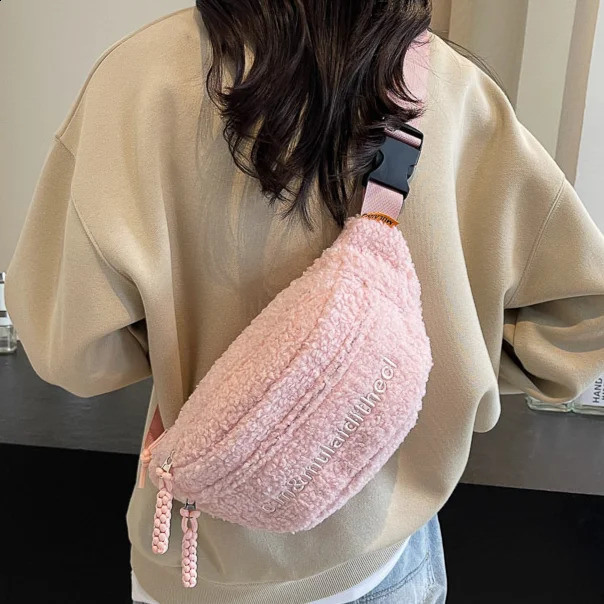Lambswool Fanny Pack Womens Fleece Sherpa Waist Pouch Large Capacity Furry Crossbody Shoulder Bag Ladies Solid Fluffy Chest 241223