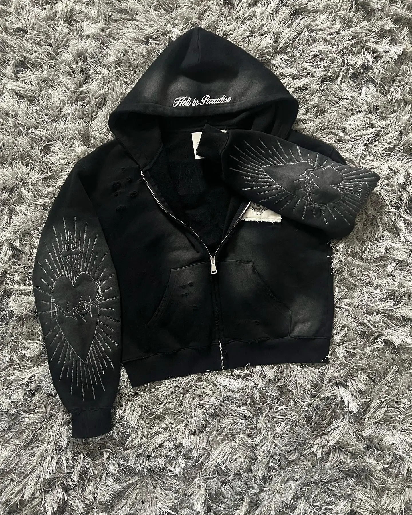Hell in Paradise Street Retro Gothic Style Zip Up Hoodie Y2k Alphabet Embroidery Patchwork Hoodies Loose Sweatshirt Men Clothing 241227
