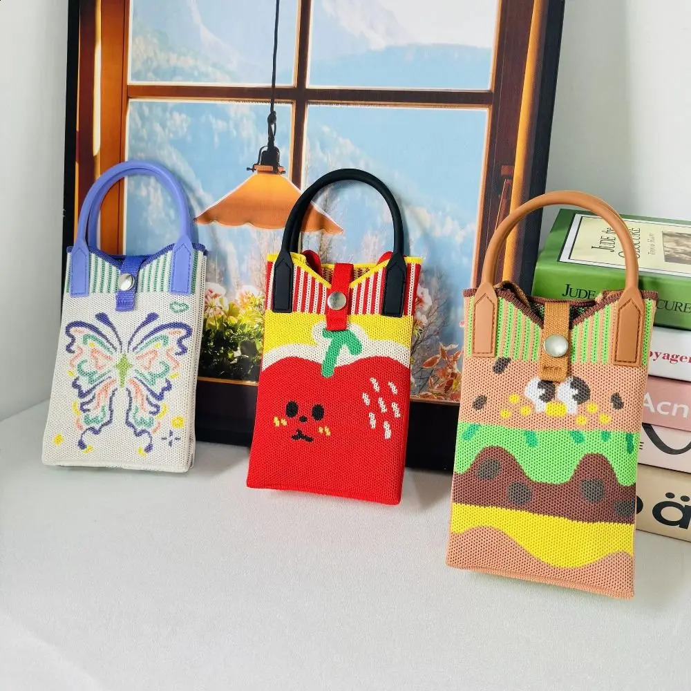 Mini Shoulder Bag Cute Cartoon Mobile Phone Student Messenger Knitted Handbag Key Holder Lipsticks Pouch 241225