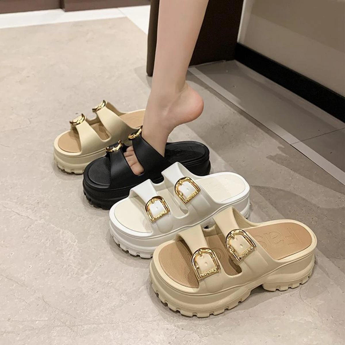 Soft High Heel Slipper Shoes for Women Lady Button Slides Comfortable Summer Sandal Shoes for Women 241228