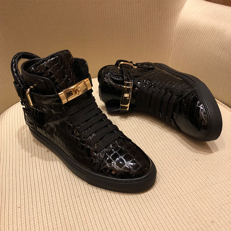 Men Embossed Crocodile High Top Sneakers Lock Lace Red Flats Real Leather Boots Mens Casual Shoes ddmythur