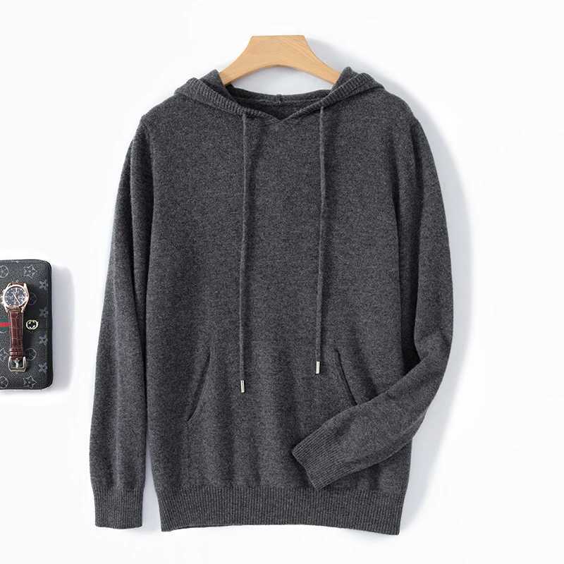 Mens 100% merino wool new V-neck cashmere hoodie thick warm solid color high-end sweater long sleeve business casual pullover i X241228
