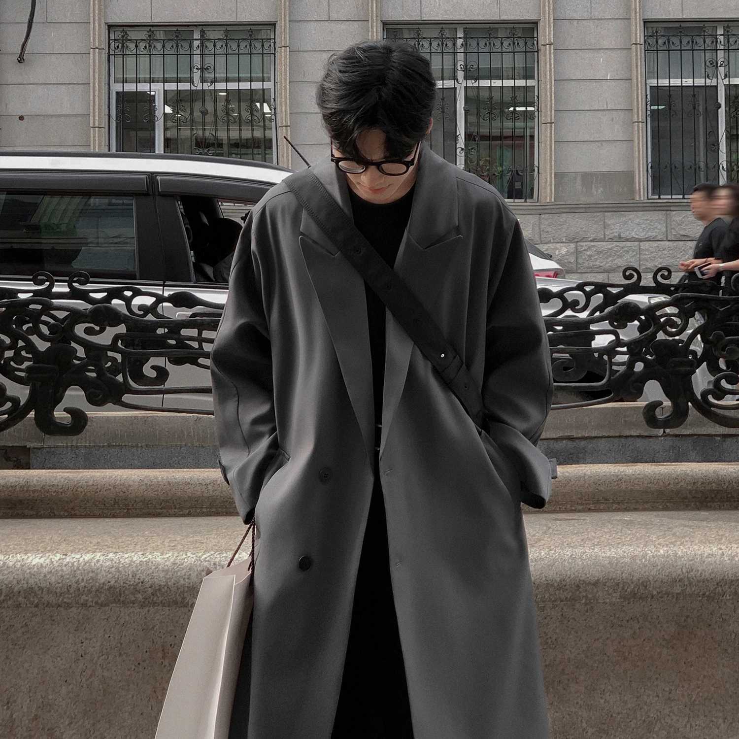 Trench Coat Autumn Korean Mens New Fashion Overcoat Male Long Windbreaker Streetwear Trench Men Outerwear Black/Gray/Coffee W241228