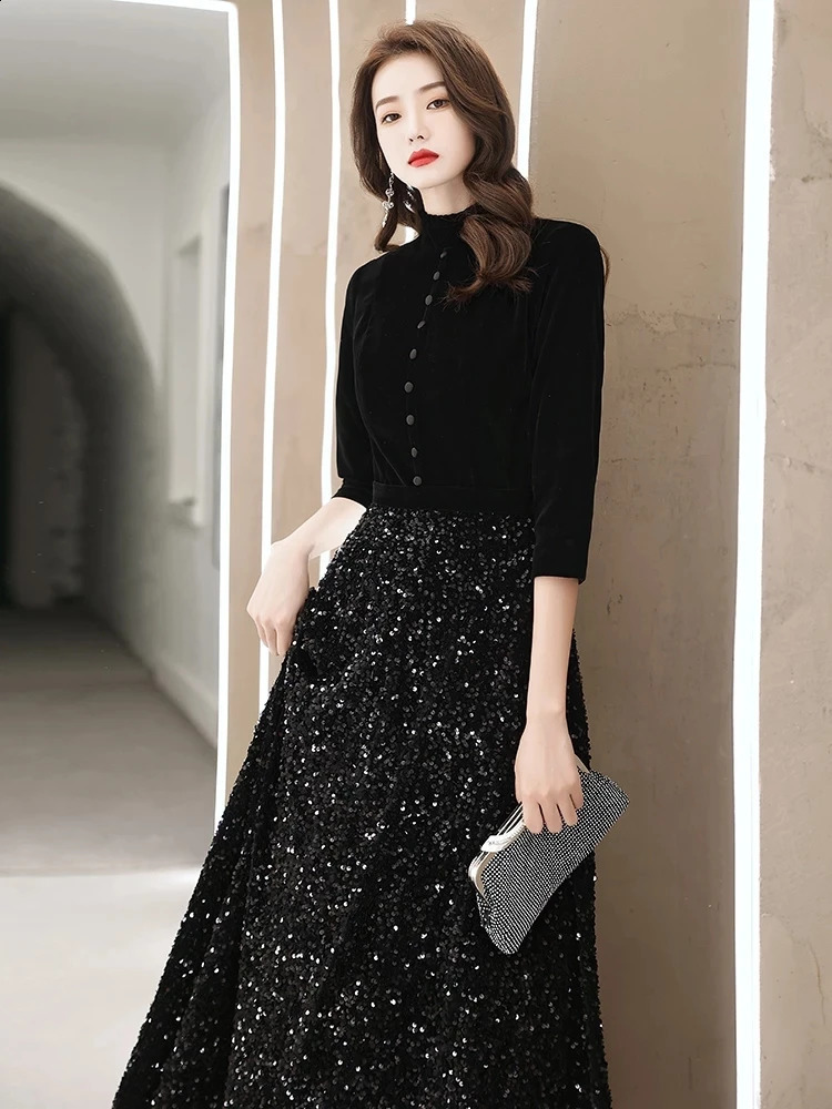 Customized Black Velvet Modest Evening Dresses High Neck Floor-Length Shiny Sequin Women Formal Gowns For Cocktail Party Dress 241223