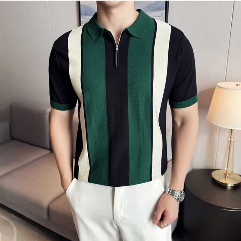 New Style Mens Striped Short-sleeved Knitted shirt Shirts Male Slim Fit Fashion Mens Clothing Base Shirt Tops 4XL-M X241228