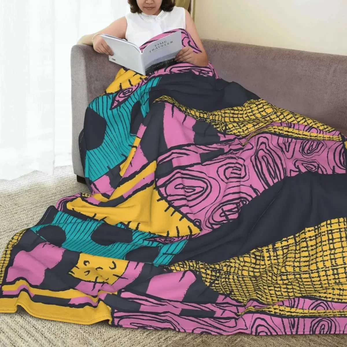 Nightmare Sewn Pattern Blanket Cover Fleece Nightmare Before Christmas Super Warm Throw Blanket for Car Sofa Couch Bedroom Quilt Z241228