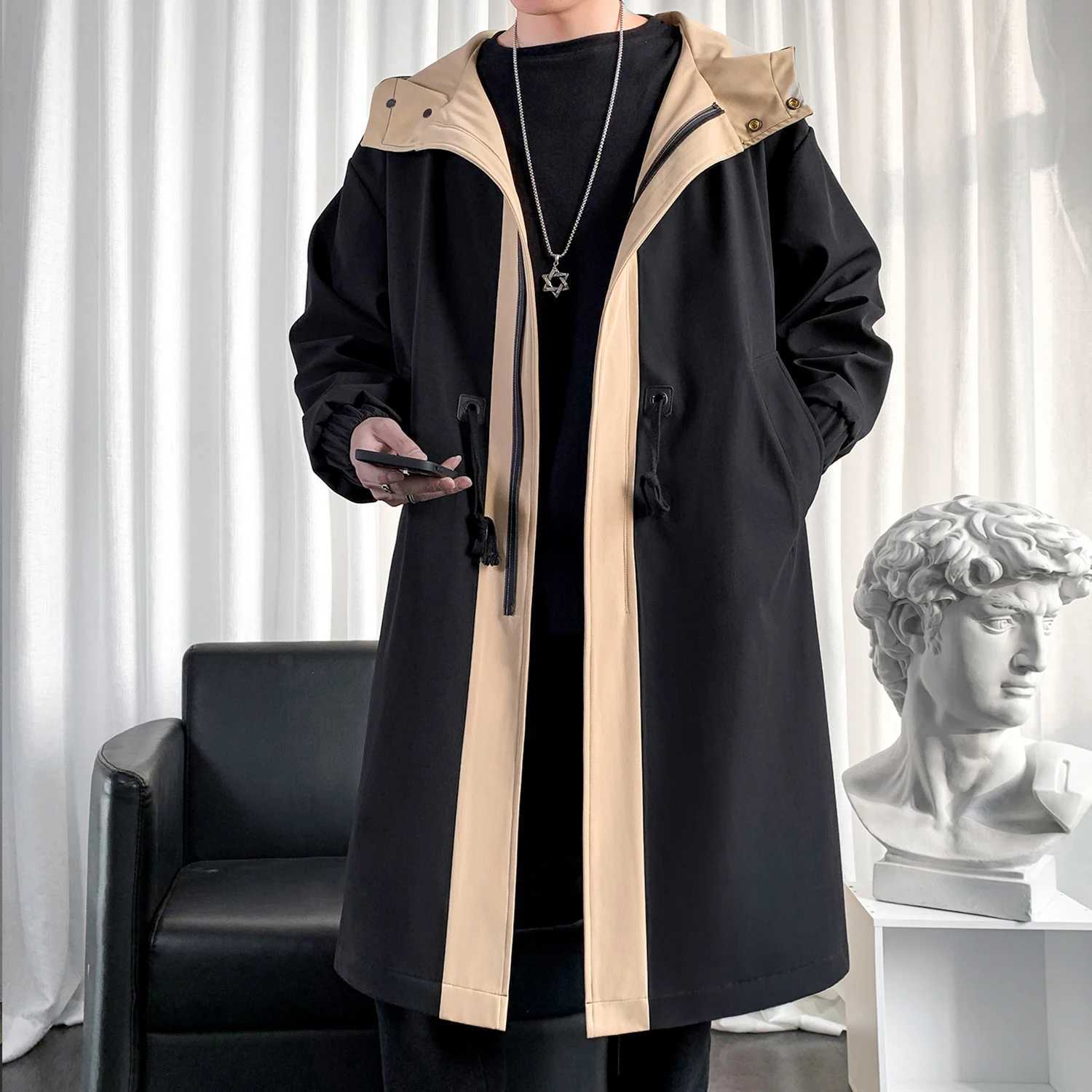 Mens Long Windbreaker Hooded Trench Coat Contrasting Loose Oversized Jacket Patchwork Casual Top Zipper Waistband Male Clothing W241228
