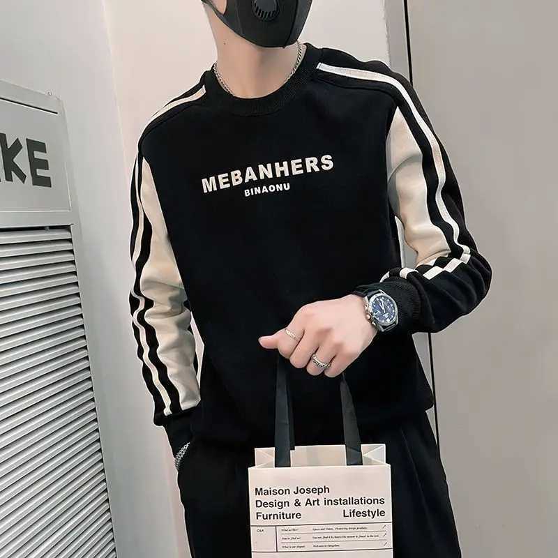 Autumn Winter Korean Spliced Pullovers Fashion Letter Printed Mens Clothing Long Sleeve All-match Casual O-Neck Sweatshirts New X241228