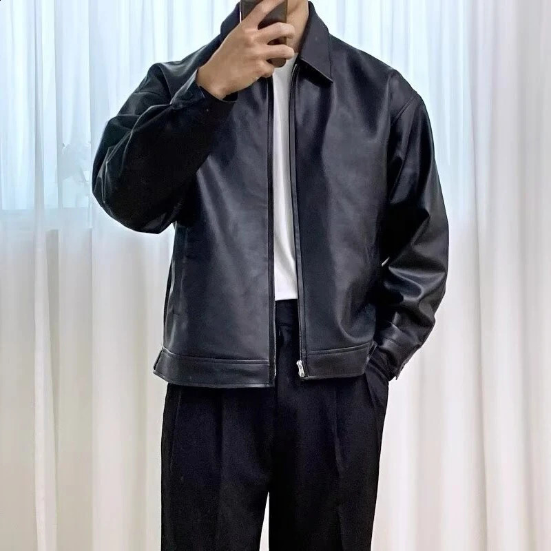 Motorcycle Mens Leather Jacket Coat Fashion Lapel Collar Zipup PU Jackets Men Winter Outdoor Streetwear 241220