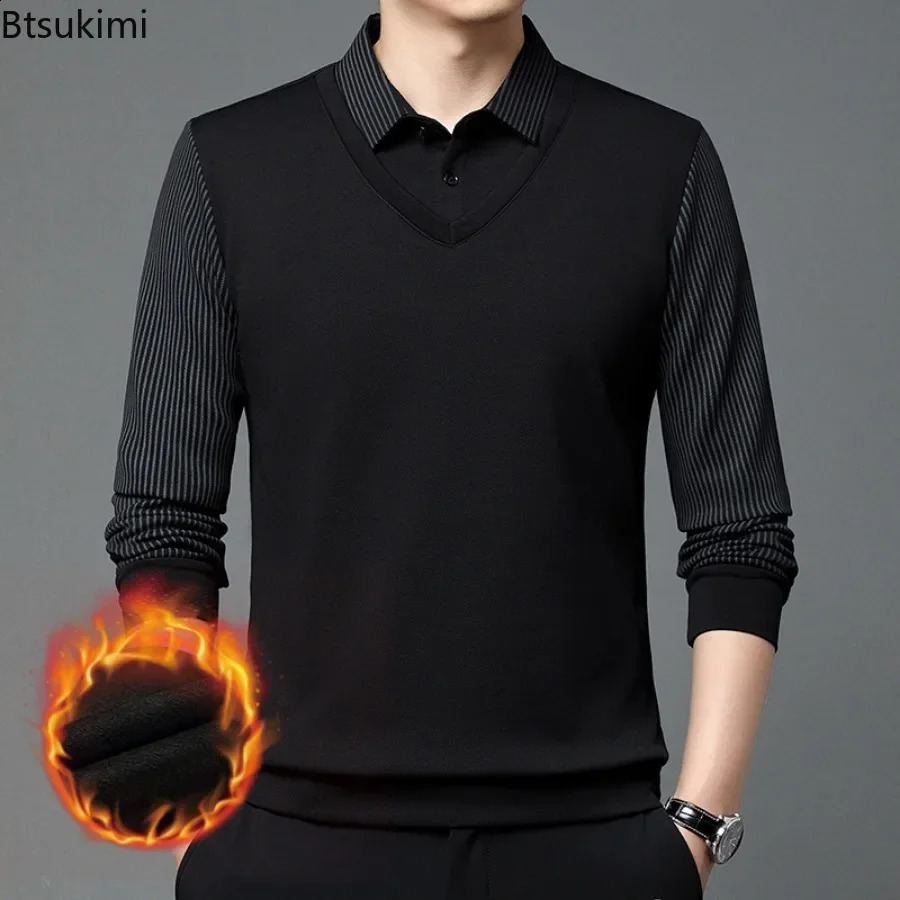 Autumn Winter Mens Fleece Warm Shirts Fashion Stripe Splice Fake Two-piece Business Casual Pullover T-shirts Male Sweater Tops 241223